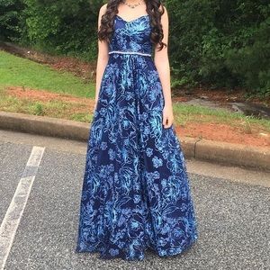Navy Blue Glitter Long Prom Dress Gown